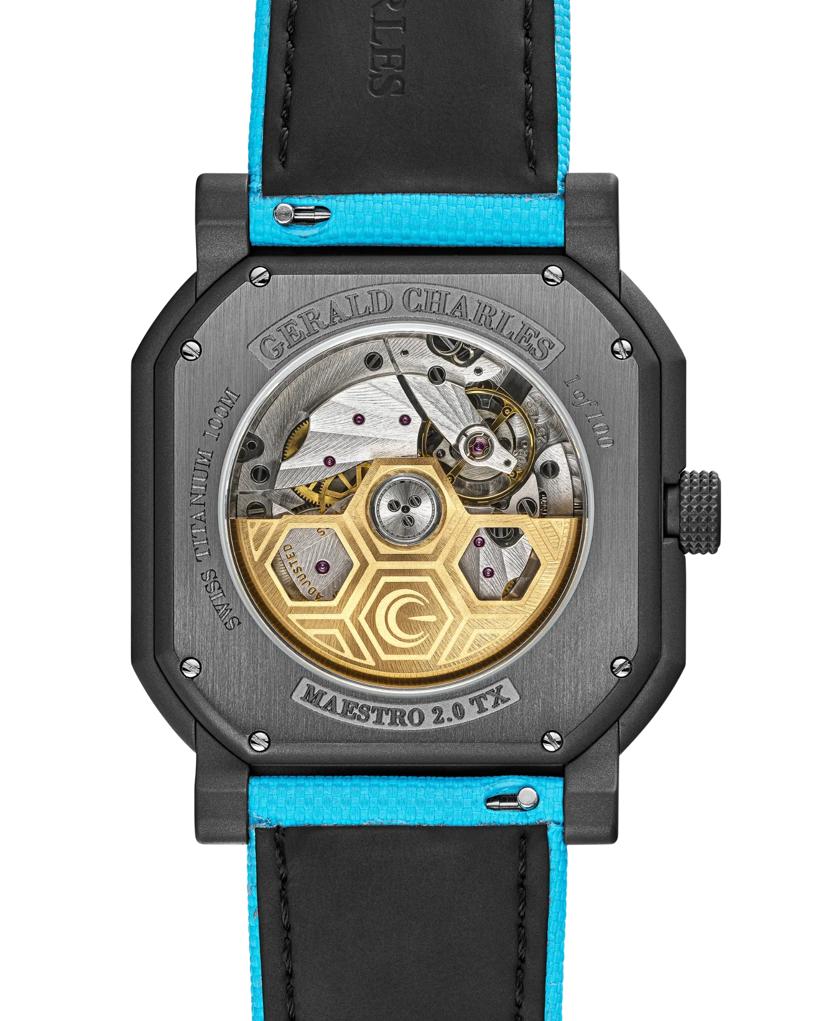 Caseback view: the gold honeycomb rotor and striped bridges behind sapphire, with the engraving 1 of 100