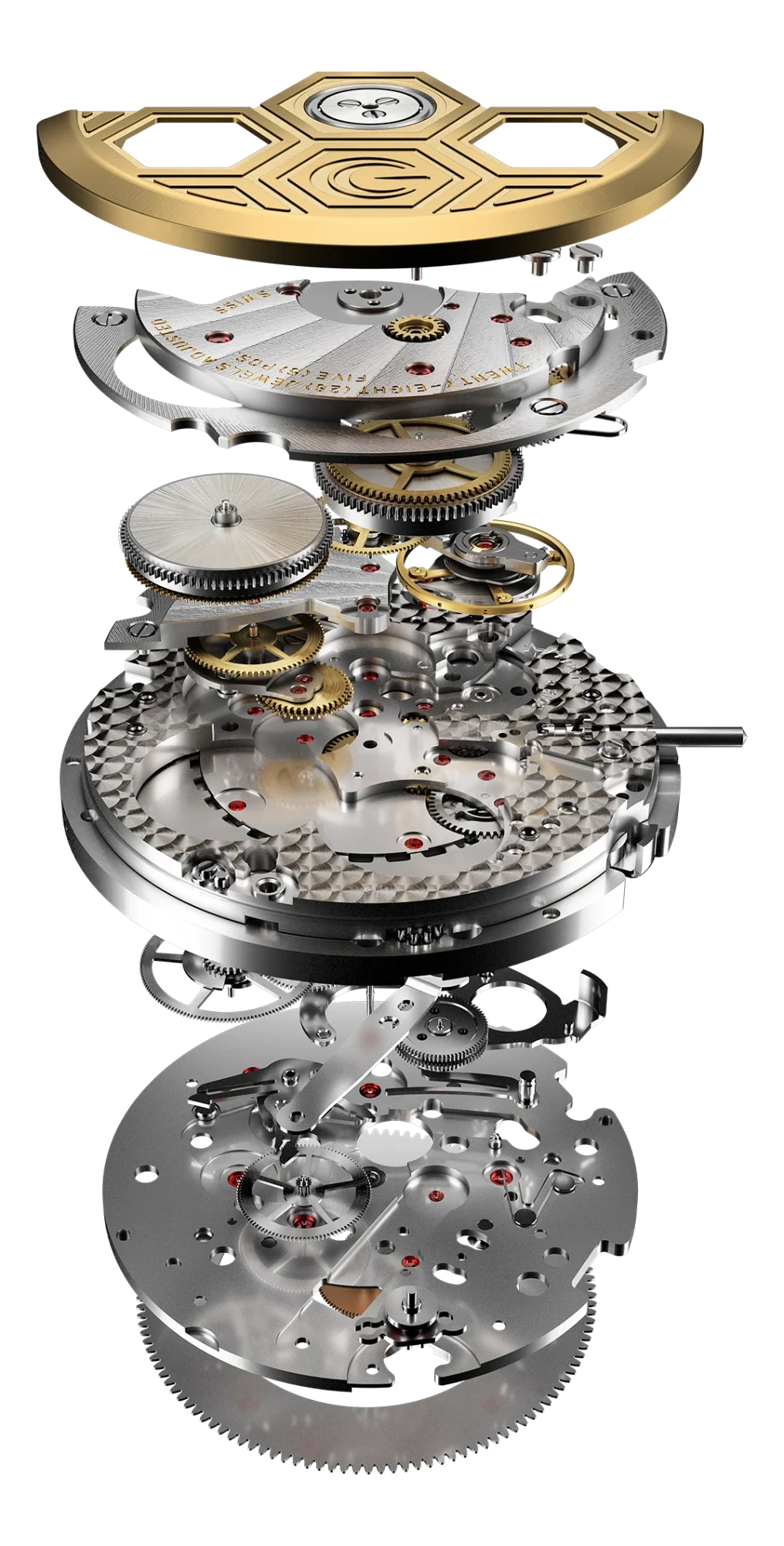 Exploded view of the GCA2001 calibre: gold honeycomb rotor, twin barrels, bridges and the dial-side plate