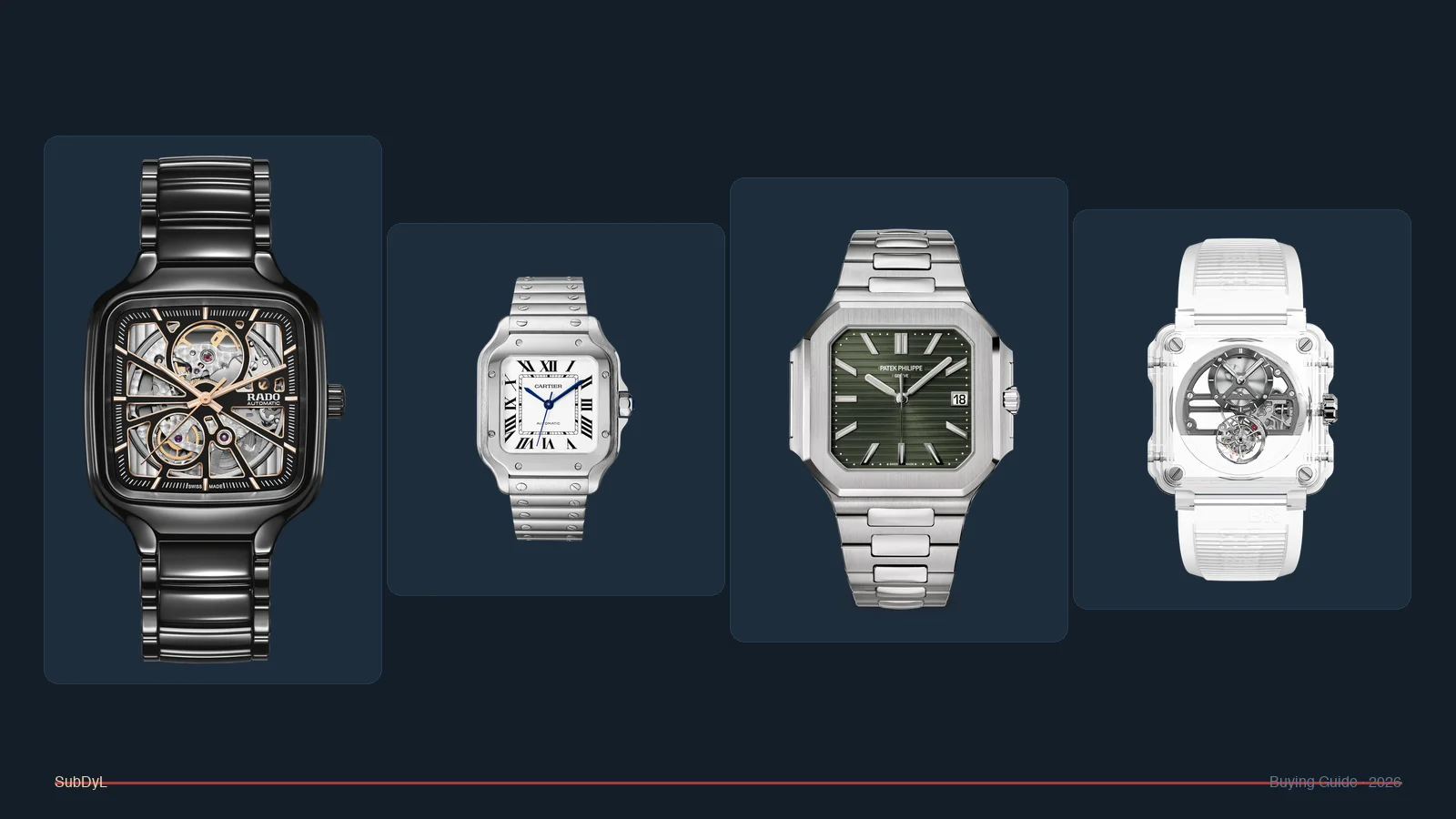 Four square mechanical watches from SubDyL's buying guide — Rado, Cartier, Patek Philippe, and Bell & Ross